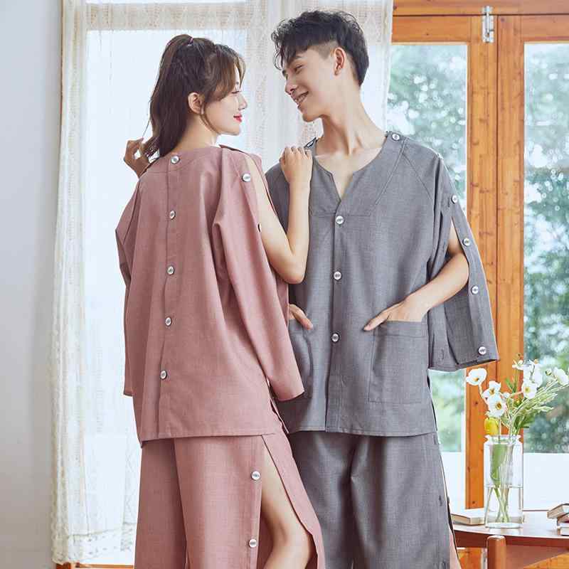 バスローブ 男女兼用 カップル 前後ボタン開閉 後ろ開き ゆったり コットン 麻 中厚手 オールシーズン ..