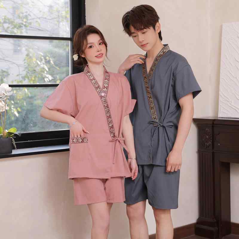 浴衣 男女兼用 帯付き 三分袖 和風 ガウン ホテル 旅館 自宅 部屋着 ルームウェア スパ サウナ バスローブ 汗蒸着 グレー ピンク 大きいサイズ ゆったり