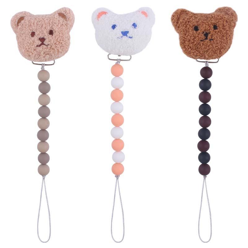 おしゃぶりホルダー ベビー シリコン 歯固め かわいい クマモチーフ ぬいぐるみ風 落下防止 ストラップ クリップ チェーン 乳幼児 新生児 男の子 女の子 ブラウン ホワイト(x3)