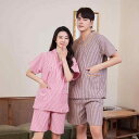 ルームウェア 男女兼用 綿混 ストライプ 半袖 吸汗速乾 カップル ペア サウナ 温泉 スパ マッサージ 浴衣 バスローブ パジャマ 上下セット 大きいサイズ