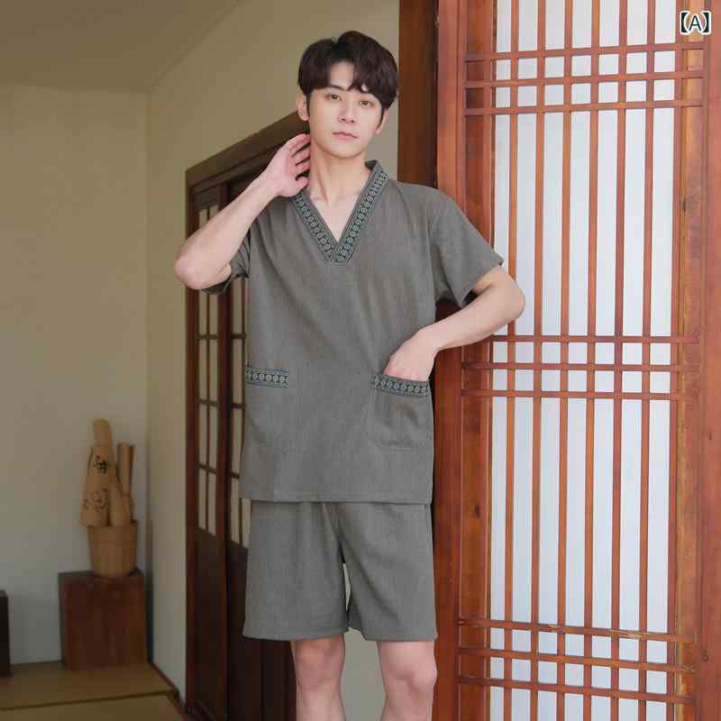 モズラボのルームウェア 男女兼用 サウナウェア バスローブ 湯上がりウェア マッサージウェア 足湯着 部屋着 ストライプ柄 綿 コットン ショートパンツ セットアップ 柔らかい肌触り 快適な着心地 適度な厚み 春夏｜アングル2