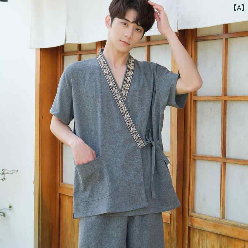 モズラボの作務衣 メンズ レディース ユニセックス ストレッチ 伸縮性 コットンリネン 綿麻 和風 カーディガン ショートパンツ セットアップ サウナウェア バスローブ マッサージウェア リラックス ルームウェア｜アングル2