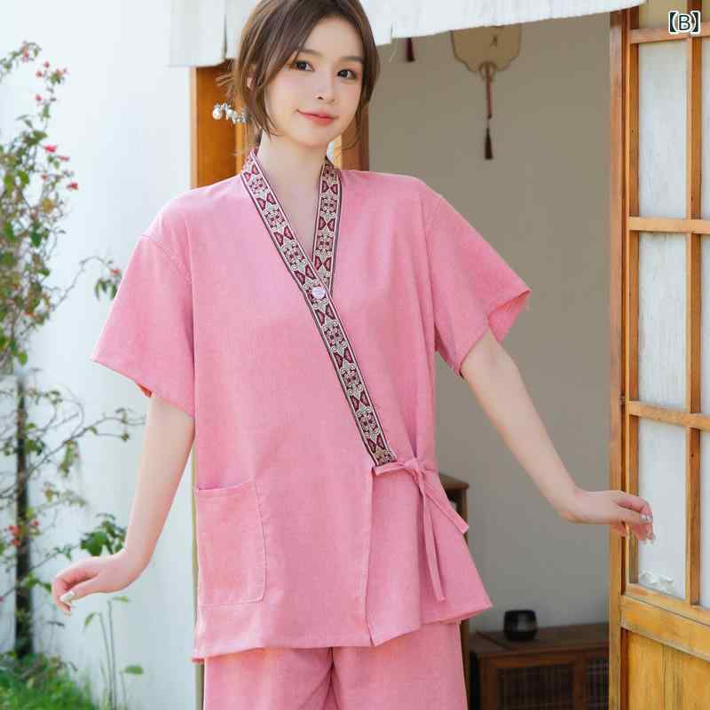 モズラボの作務衣 メンズ レディース ユニセックス ストレッチ 伸縮性 コットンリネン 綿麻 和風 カーディガン ショートパンツ セットアップ サウナウェア バスローブ マッサージウェア リラックス ルームウェア｜アングル3