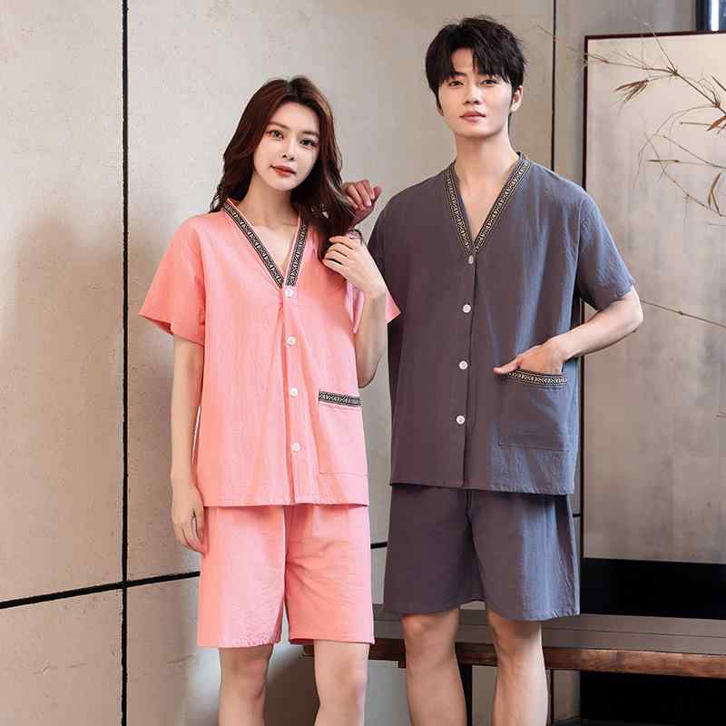 作務衣 男女兼用 雪花コットン 前後開閉 七分袖 ショートパンツ 上下セット ルームウェア 部屋着 艾灸 マッサージ エステ 温泉 サウナ 湯上り着