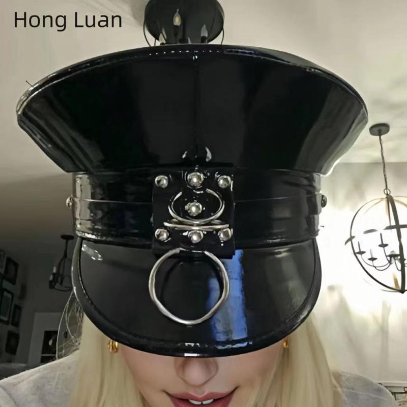 帽子 レザーキャップ 男女兼用 八角帽 UVカット 速乾 通気性 PUレザー 平頂 ブラック 黒 コスプレ 警察..