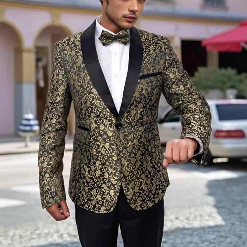 スーツ メンズ 花柄 ゴールド ジャガード織り ショールカラー スリムフィット 防シワ フォーマル 結婚式 披露宴 パーティー 発表会 ジャケット(4)