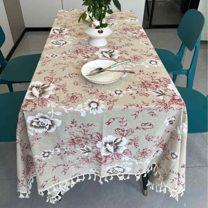 テーブルクロス 防塵加工 綿麻 コットンリネン アメリカンレトロ 和風 韓国風 牡丹柄 花柄 ナチュラル ..