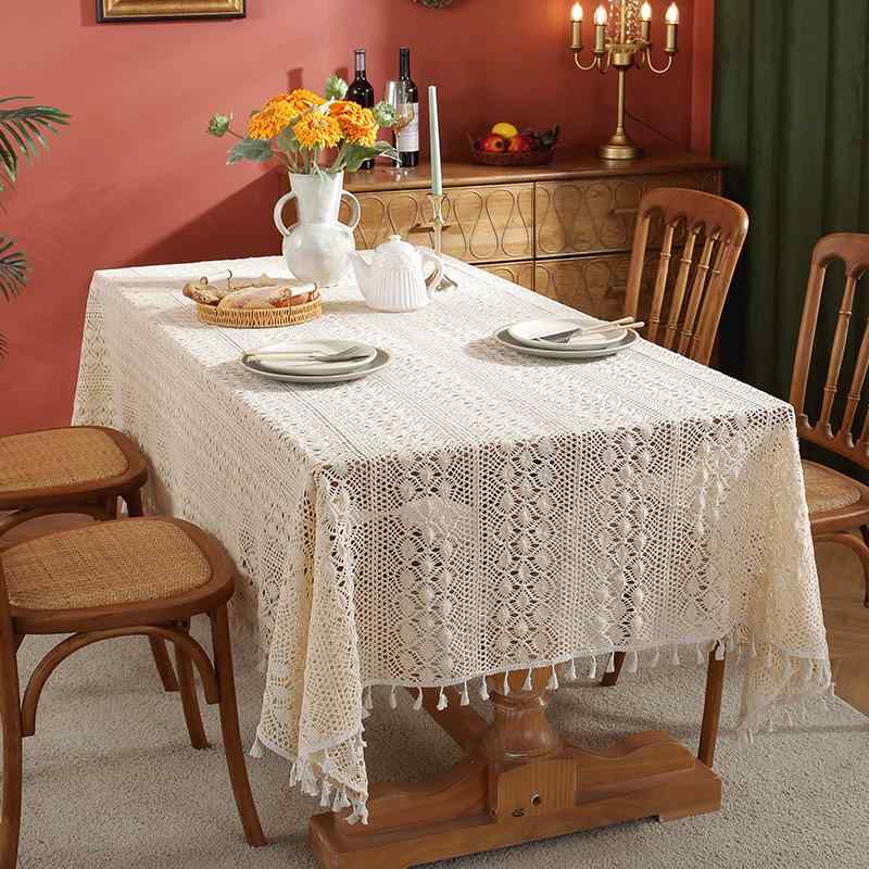 テーブルクロス かぎ編み タッセル付き 綿素材 正方形 ボタニカル柄 レトロ調 おしゃれ カフェ風 インテリア ローテーブル 飾り棚 食卓カバー(x2)