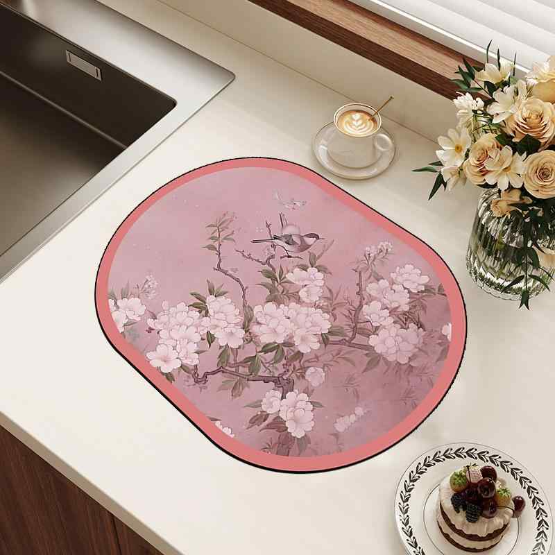 キッチン 吸水 速乾 水切りマット 珪藻土製 大判 防汚 耐熱 おしゃれ 食卓 カウンター用 テーブルマット 楕円形 家庭用 和モダン 幾何学模様 草花柄