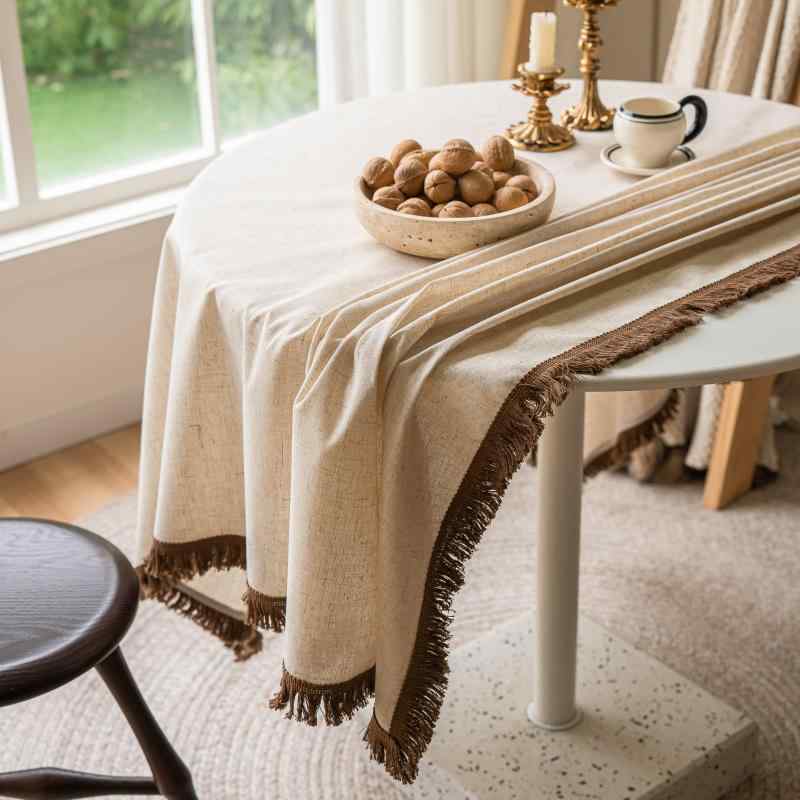 テーブルクロス 無地 綿麻混紡 リネン ヴィンテージ風 和モダン 韓国インテリア 北欧風 コーヒーブラウン フリンジ タッセル 丈夫 防塵 おしゃれ 食卓カバー ダイニング リビング用