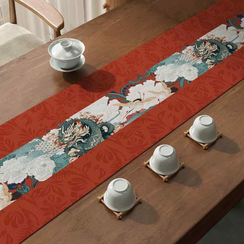 テーブルランナー 防汚 高級感あふれる 綿麻製 中国風 敦煌瑞獣柄 禅スタイル 長方形 多様なサイズ展開 茶卓 リビング ダイニング 玄関 装飾