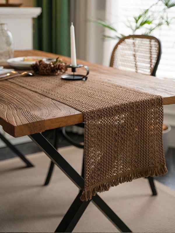 テーブルクロス 高温耐性 編み込み フリンジ レトロブラウン コットンリネン ブレンド素材 アメリカンスタイル ウッド調 ライトラグジュアリー 高級感 幾何学模様 テーブルランナー ランチョンマット