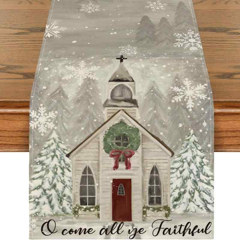 テーブルランナー クリスマスツリー 雪の結晶柄 北欧風 リネン100% 天然素材 耐久性 丈夫な 食卓飾り ..