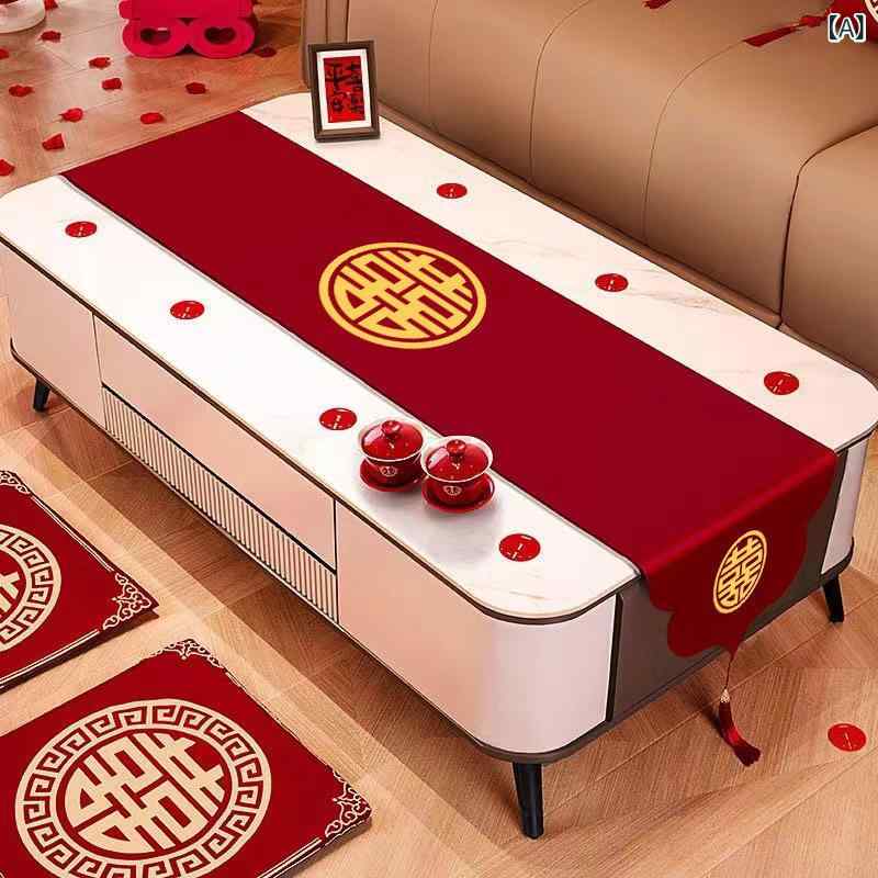 テーブルランナー 結婚式 ウェディング 新婚 披露宴 赤 レッド 撥水加工 防汚 タッセル付き 刺繍 モダン 新中式 ダイニングテーブル センターテーブル テレビ台 カバー