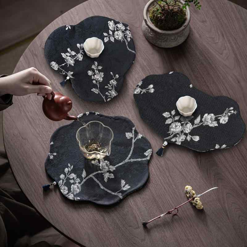 茶席 高級感 手作り 刺繡 両面 ジャカード織り 1人用 禅風 茶卓マット テーブルランナー 錦織り 白梅刺..