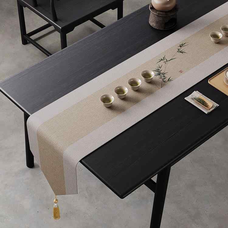 テーブルランナー 防水 新中式 禅意デザイン 高級感 麻風 布製 タッセル付き 茶席 ティーテーブル用 ロング 和モダン リビング ダイニング 食卓 飾り