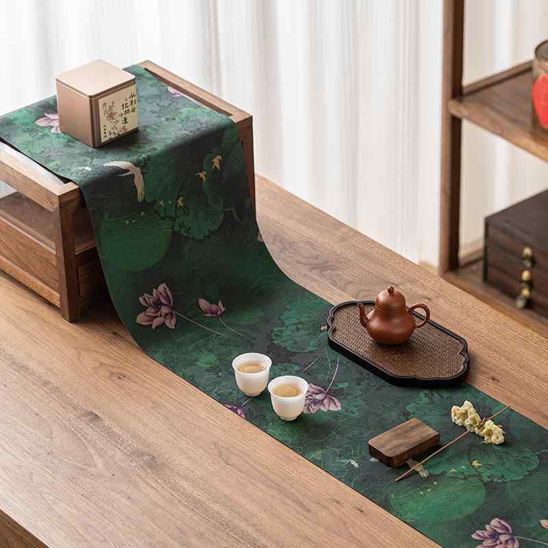 茶席 レディース 高級感 禅風 新中国風 蓮柄 乾式 ティーマット 布製 テーブルランナー 和モダン 茶卓..