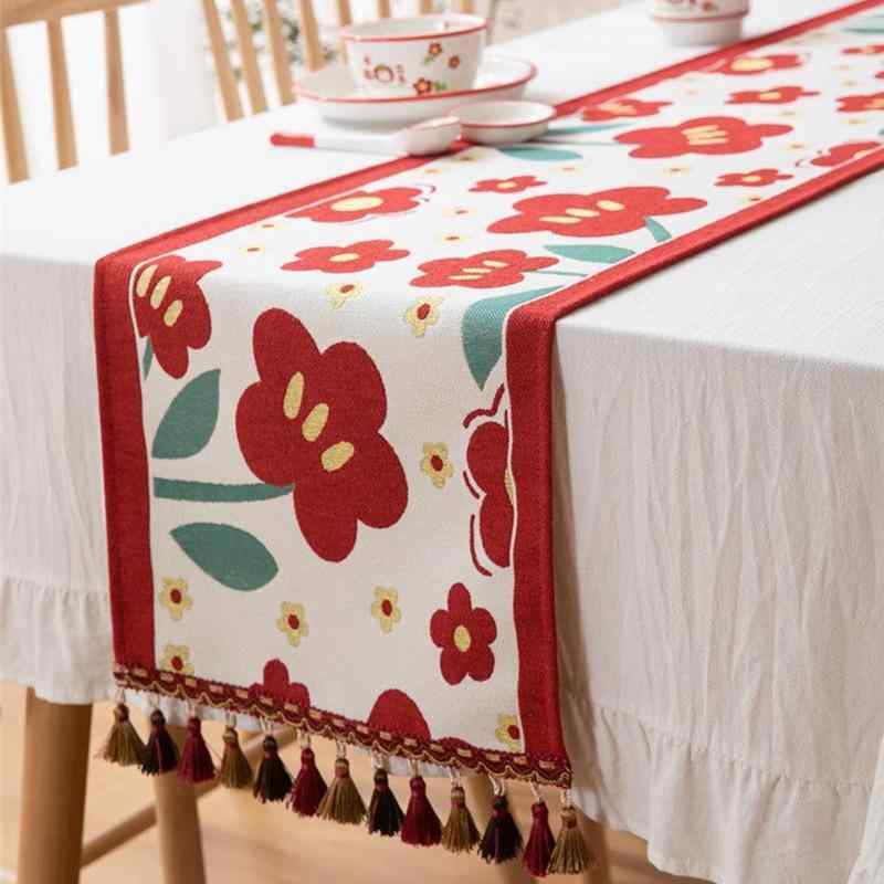 テーブルランナー モダンチャイニーズスタイル ウェディング 結婚式用 赤色 コットン素材 高級感 ロング丈 タッセル付き ベッドランナー 食卓用 コーヒーテーブル用
