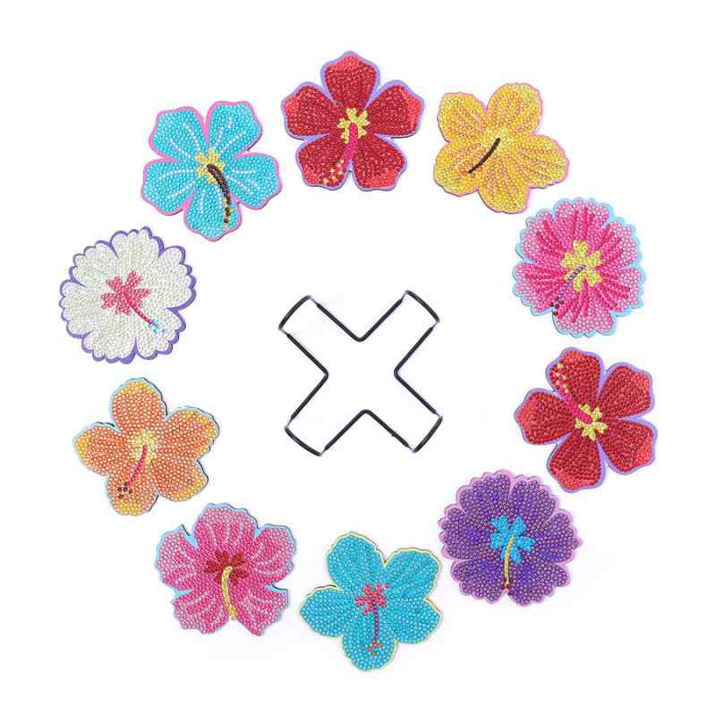 ダイヤモンドアート DIYキット 木製 コースター 10個セット スタンド付き 花柄 ハンドメイド アートクラフト おうち時間 集中力アップ 初心者向け(x2)