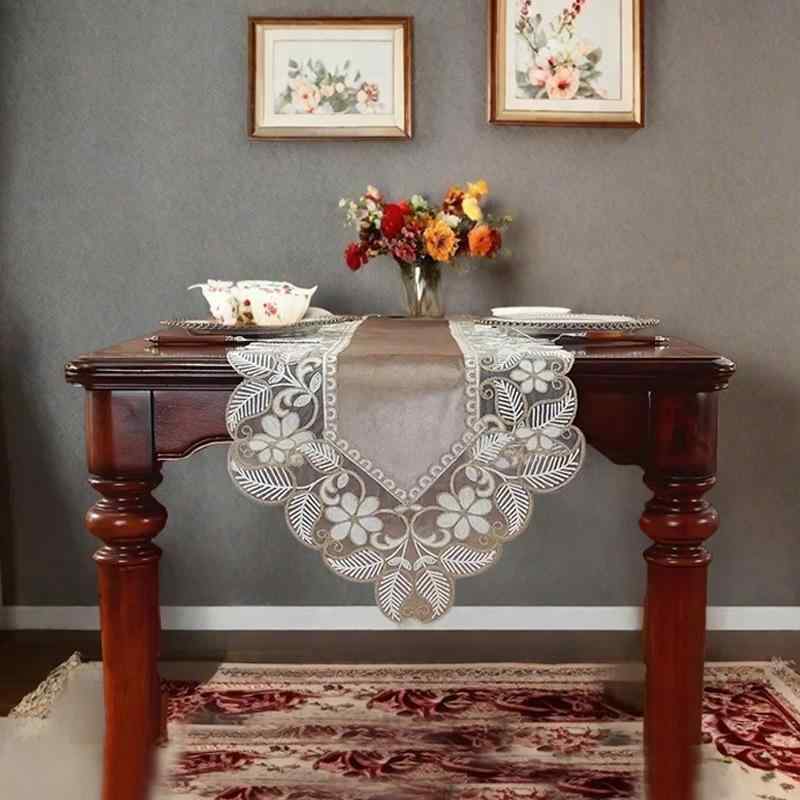 テーブルランナー ベルベット レース アメリカン 高級感 ポリエステル コーヒー色 ダイニングテーブル ..