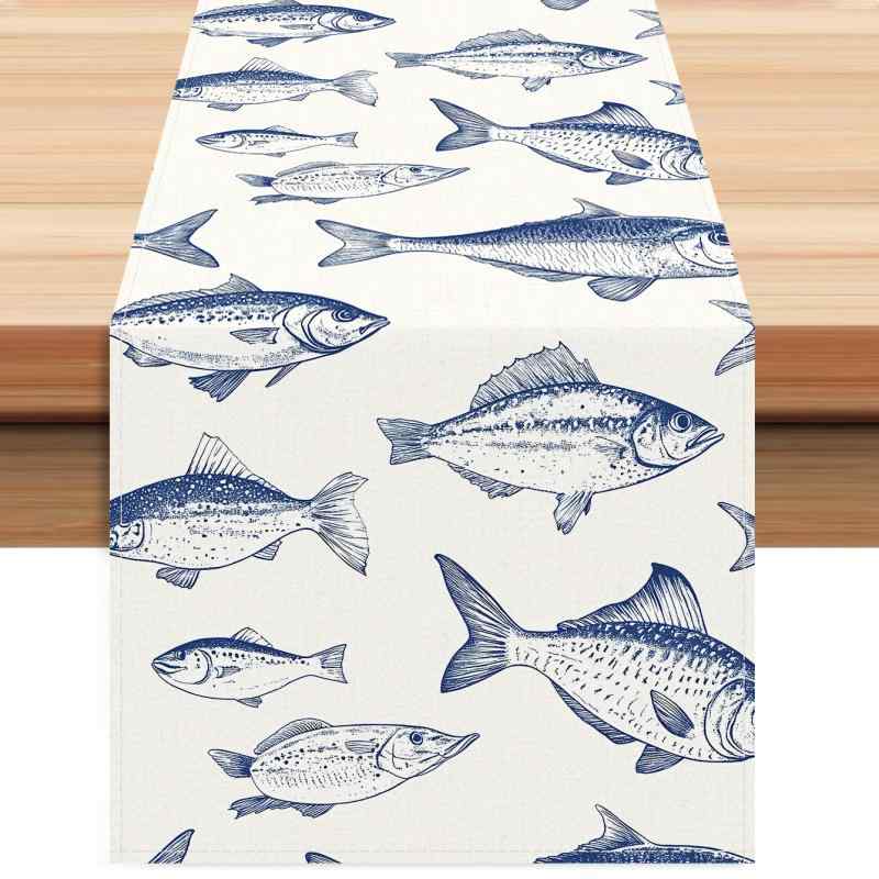 テーブルランナー 春夏 海洋生物柄 リネン ポリエステル混 プリント 装飾 長方形 高級感 食卓用 リビング ダイニング インテリア