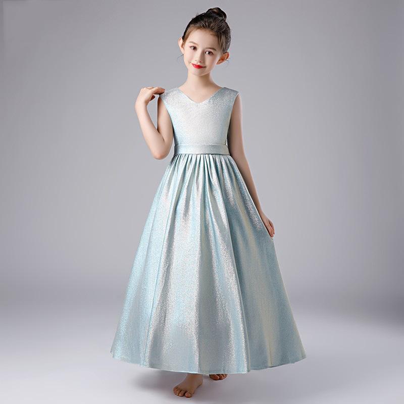 ドレス 女の子 ジュニア ピアノ発表会 結婚式 フラワーガール 誕生日会 ロング丈 フォーマル プリンセスドレス 上質 エレガント グリーン ワインレッド ポリエステル
