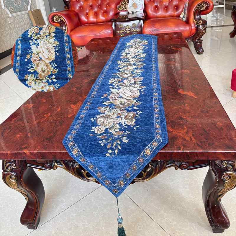 テーブルランナー 高級感あふれる シェニール織り 厚手 刺繍 ヨーロピアン調花柄 長さ200cm ポリエステル素材 上品 エレガント リビング ダイニング 店舗 オフィス 業務用(x2)