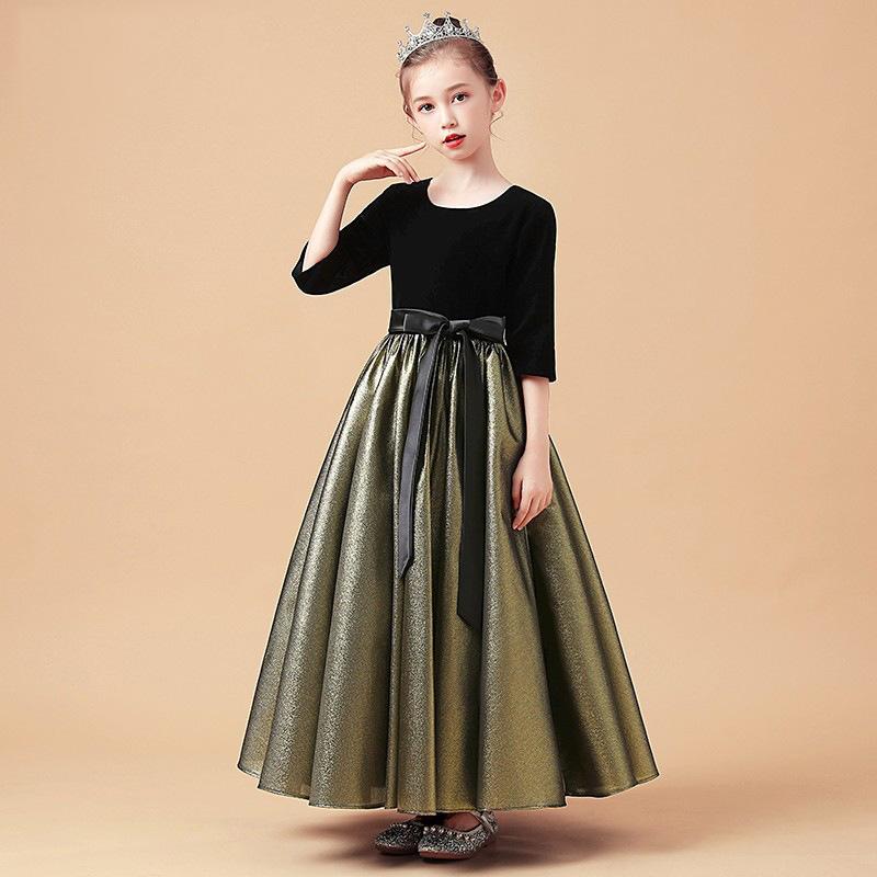 キッズ ガールズ フォーマルドレス プリンセスドレス ゴールド 半袖 高級感 酵素洗い加工 ポリエステル..