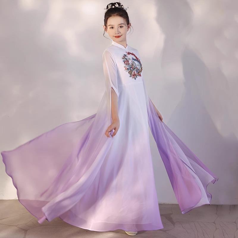 チャイナドレス 女の子 子供 古筝 発表会ドレス 演奏会ドレス ステージ衣装 水袖 パープルグラデーショ..