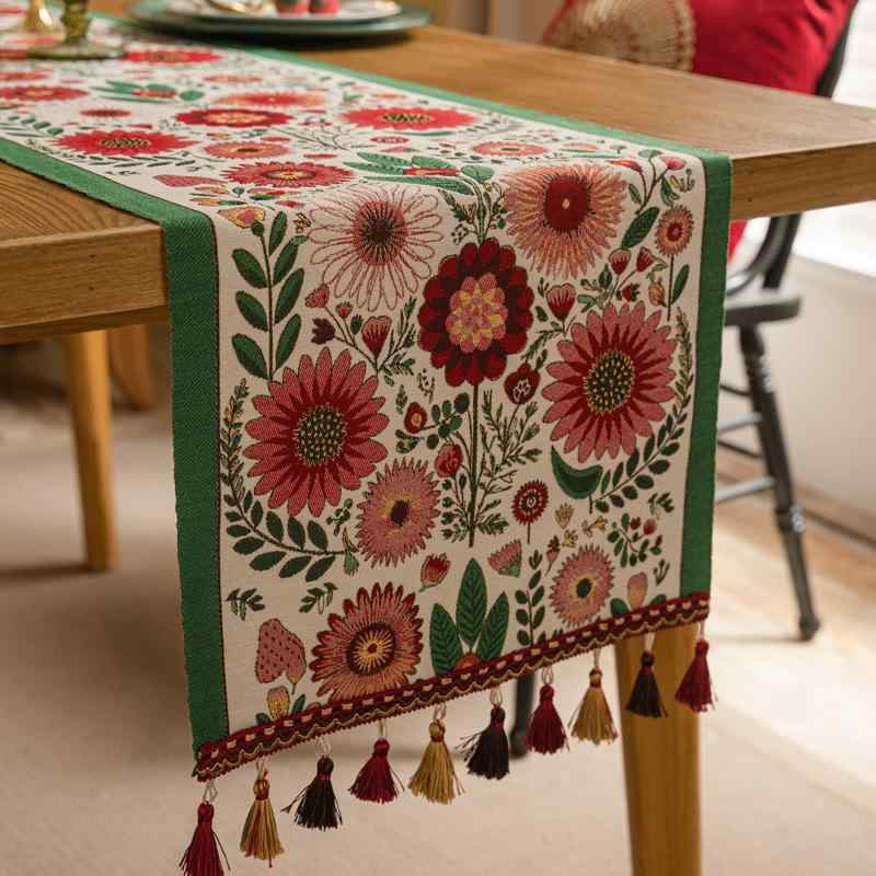 テーブルランナー アメリカン レトロ 高級感 華やか 花柄 耐熱 長方形 タッセル付き ダイニングテーブル コーヒーテーブル チェスト 結婚式 インテリア 装飾 おしゃれ