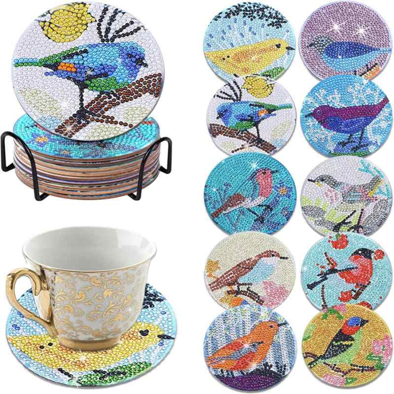 DIYキット 木製 コースター 10個セット 輝く クリスタル ダイヤモンドアート 塗り絵 手作りキット スタ..
