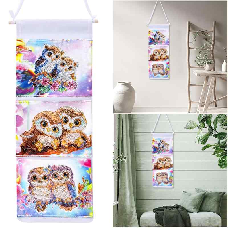 ウォールポケット 壁掛け収納 ダイヤモンドアート フクロウ柄 吊り下げ式 小物整理 帆布製 手作り おし..