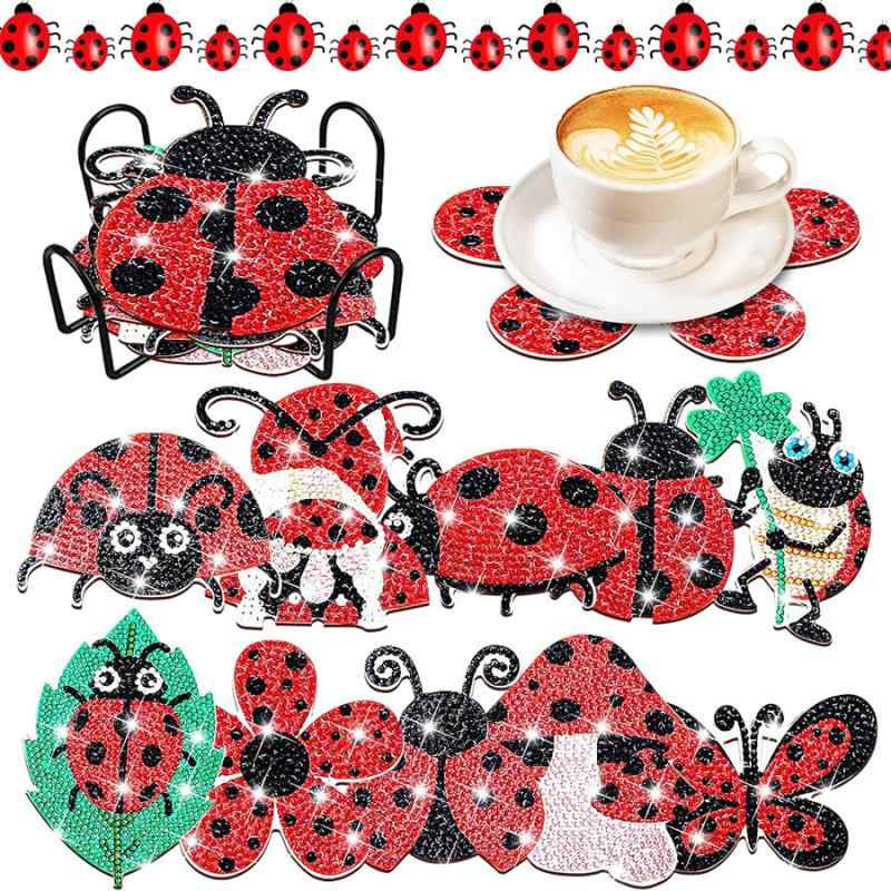 ダイヤモンドアート コースター DIY キット 10個セット てんとう虫 手作り 木製 スタンド付き 初心者向け インテリア リビング デスク 小物(x2)