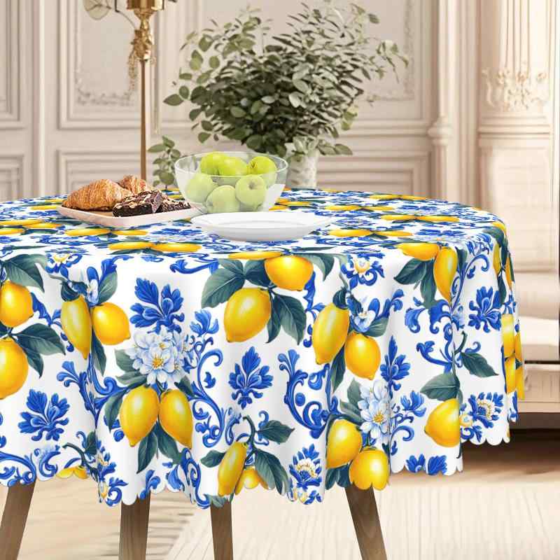 テーブルクロス 防水 防汚 おしゃれな食卓用 長方形 レモン柄 青と白の陶器風デザイン ポリエステル製 ダイニング リビング装飾