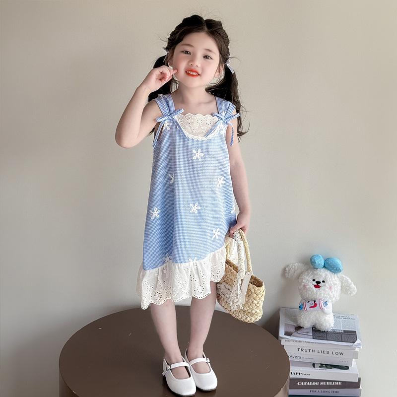 キャミソールワンピース キッズ 女の子 夏 韓国風 おしゃれ かわいい 着回し抜群 リラックスカジュアル コットン ブルーチェック柄 プリンセスライン