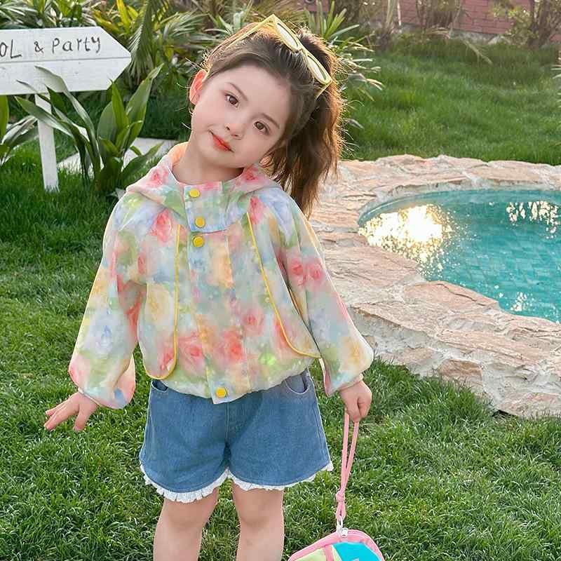 パーカー 女の子 ガールズ UVカット 速乾 薄手 軽量 フード付き 花柄 冷房対策 春夏 通学 デイリー 子供服 羽織り