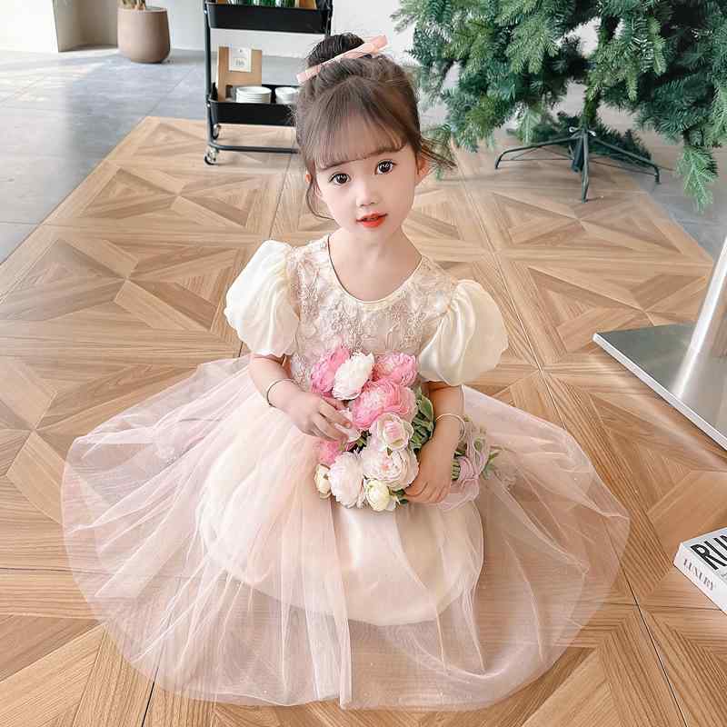 ワンピース 女の子 キッズ 半袖 花柄 チュール プリンセス パフスリーブ かわいい おしゃれ 春夏 ポリエステル素材 肌触り優しい お出かけ 発表会 誕生日 パーティードレス 3歳 8歳 ピンク グリーン