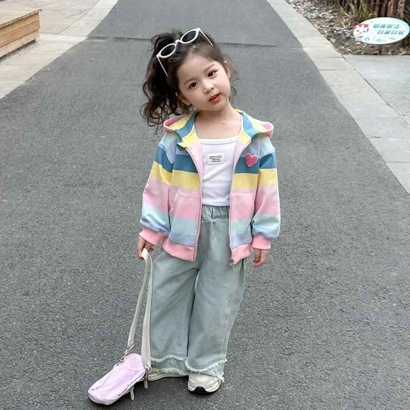 ジャケット キッズ 女の子 フード付き 長袖 カジュアル スポーツ レインボー ストライプ カラフル 春秋 ポリエステル素材 柔らかな肌触り ジップアップ 着回...