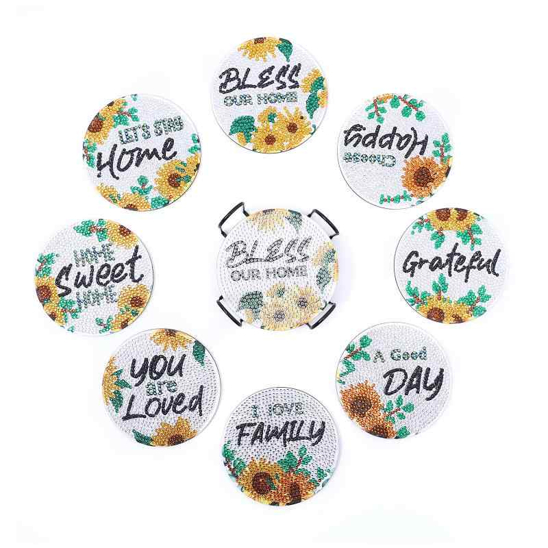 DIYキット ハンドメイド コースター作成キット ダイヤモンドアート ひまわり柄 木製 丸型 8枚セット 断熱 滑り止め 収納スタンド付き ドリンク用 テーブルウェア(x2)