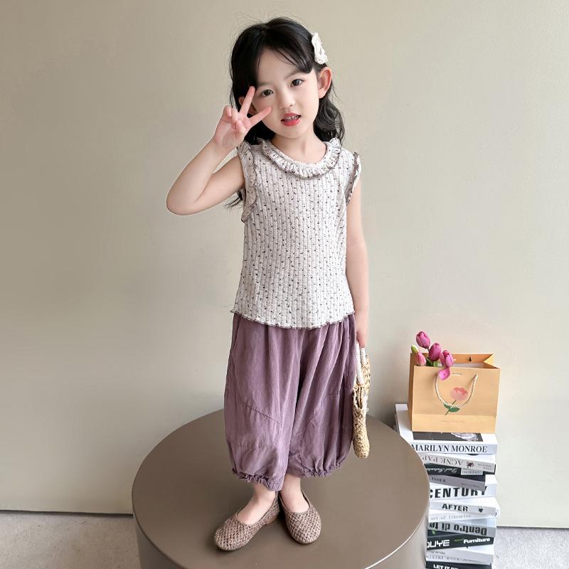 薄手 綿素材 涼しい 上下セット 女の子 夏季 タンクトップ ワイドパンツ 9分丈 韓国子供服 カジュアル ルームウェア 部屋着 かわいい パープル