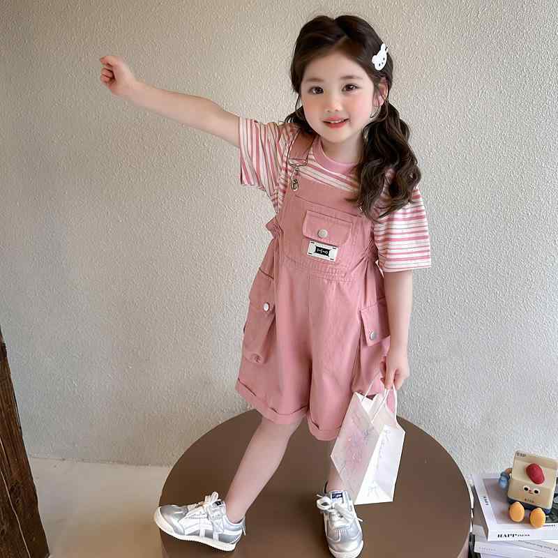 キッズ 女の子 セットアップ 半袖 サロペットスカート 春夏 薄手 カジュアル 2点セット 通園 普段着 お出かけ かわいい ファッション