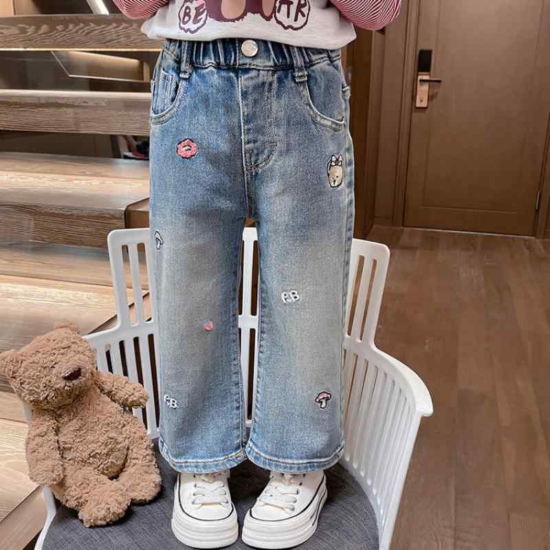 デニムパンツ 女の子 ガールズ 子供服 春秋 キャラクター柄 ゆったり ロング丈 ウエストゴム 柔らか素材 ポケット付き おしゃれ 3歳 8歳 身長100-140cm
