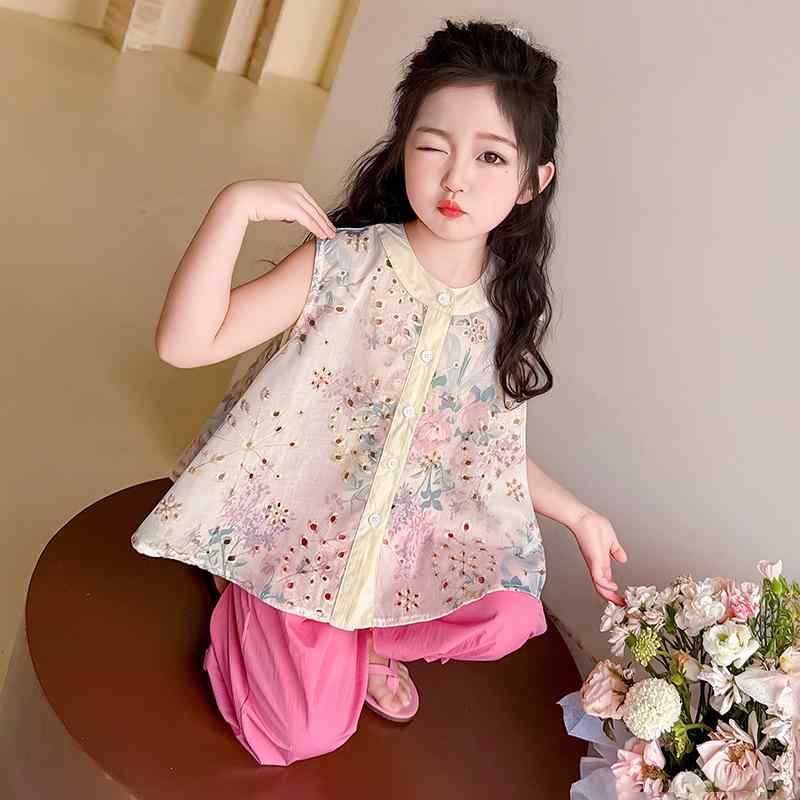 キッズ 女の子 ノースリーブ パンツセットアップ 涼しい 薄手 チャイナ風 上下セット テンセル 七分丈パンツ かわいい