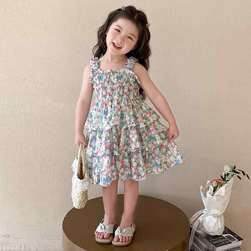 ワンピース キッズ 女の子 夏 ロリータ プリンセス かわいい 花柄 フラワー柄 吊りスカート キャミソール ノースリーブ ふわふわ ボリューム 肌に優しい ポリエステル素材 発表会 結婚式 フォーマル カジュアル