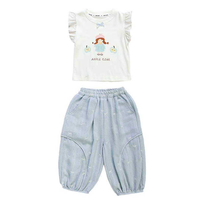 セットアップ 女の子 キッズ フレンチスリーブ 虫よけ 薄手 ミントグリーン コットンブレンド カジュアル かわいい 裾絞りパンツ プリント柄 2点セット 夏物