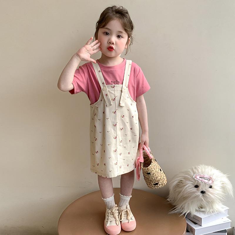 キッズ 女の子 セットアップ 韓国風 小花柄 カジュアル サロペット Tシャツ 2点セット コットン 柔らかい肌触り 薄手 夏物 おしゃれ かわいい ピンク ゆったり