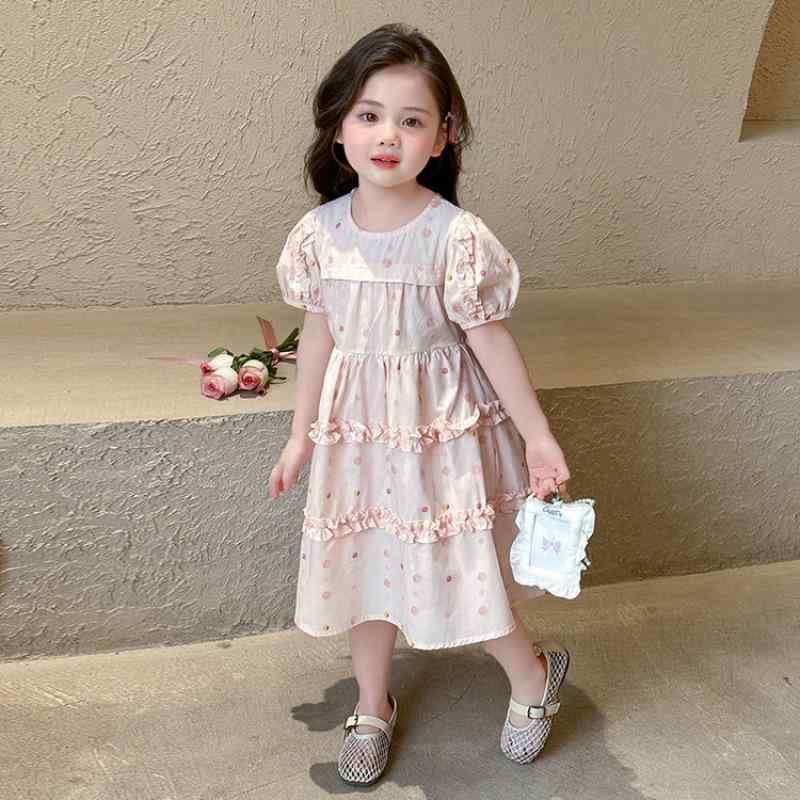 ワンピース 女の子 子供服 キッズ パフスリーブ フリル ウエストマーク プリンセスドレス 水玉模様 夏 綿混 ソフトな肌触り 着回し デイリー おしゃれ ピンク ブルー