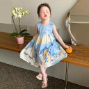 ワンピース 女の子 キッズ ベビー ノースリーブ キャミソール ジャンパースカート 夏物 韓国風 プリンセス キャラクター 綿混素材 やわらか おしゃれ ブルー