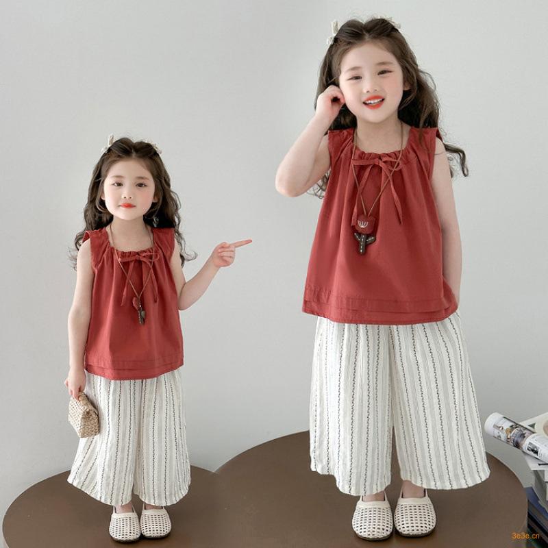 セットアップ キッズ ガールズ ノースリーブトップス 薄手 ワイドパンツ 上下セット 夏 韓国風 おしゃれ 綿混 柔らかい 無地 普段着 お出かけ ルームウェア 3歳 8歳