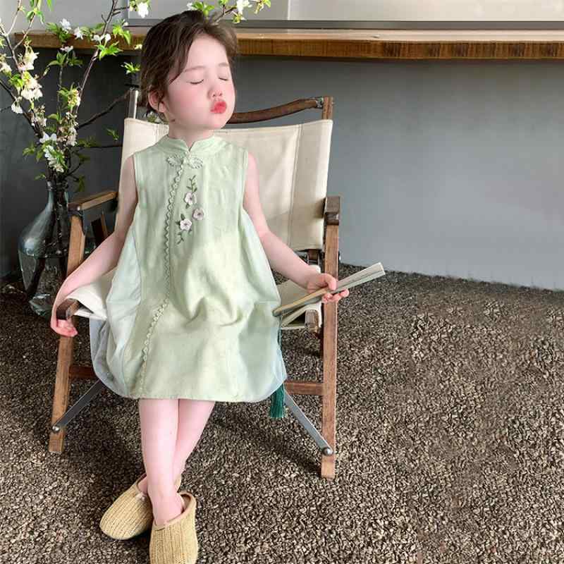 チャイナドレス 女の子 キッズ 夏物 おしゃれ 薄手 綿 ポリエステル 無地 グリーン ワンピース 子供服 かわいい 上品 中華風 ジュニア 小学生 イベント 発表会